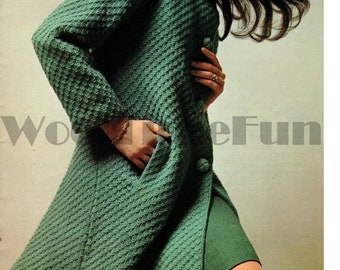 Knitting Pattern Women's Vintage 1960s Long Patterned Coat With Pockets.