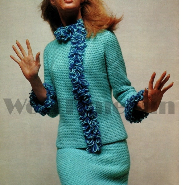 Knitting Pattern Women's Vintage 1960s Suit/Skirt/Jacket With Frill/Loop Trim