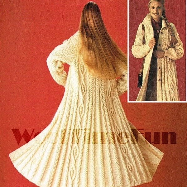 Knitting Pattern Womens Long Aran Cable Design Coat Cardigan Jacket