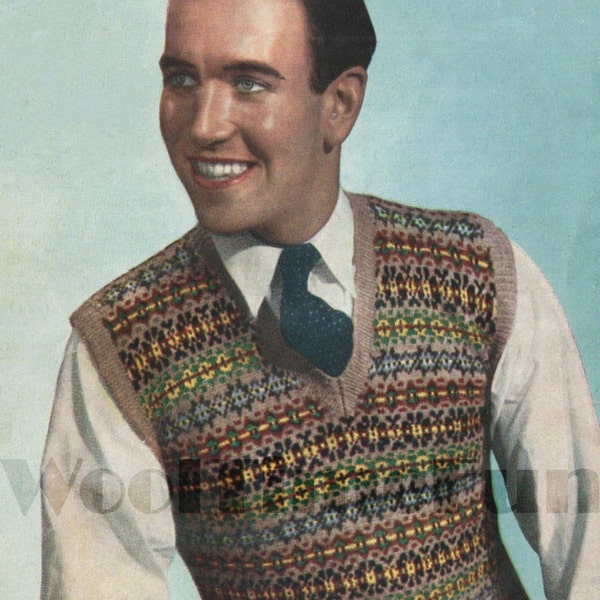 Vintage Knitting Pattern Men's Fair Isle Tank Top/Pullover. 38-42 Inch Chest.