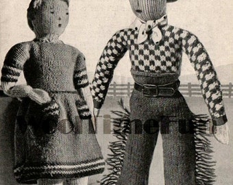 Knitting Pattern Vintage Toy Dolls Cowboy & Country Girl. Use oddments to make.