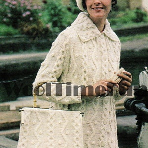 Knitting Pattern Womens Classic Aran Cable Coat Beret Cap Bag