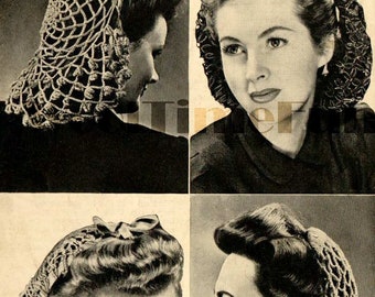 Vintage Knitting & Crochet Pattern 1940s, WW2 Womens Snoods, Hair Nets. 4 designs.