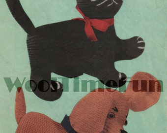 Knitting Pattern Vintage Toy Cat & Puppy Dog. DK Wool.