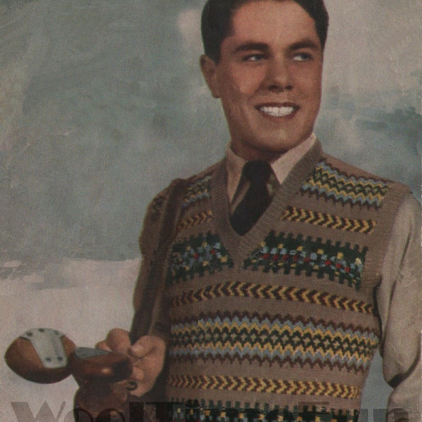 Vintage Knitting Pattern Mens Classic Fair Isle Vest/Tank Top/Slip Over. 34 to 38 inch chest if knitted in 3ply wool.