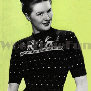 Knitting Pattern Womens 1940s Reindeer Motif Sweater Long or Short Sleeves