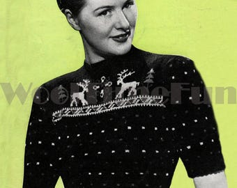 Knitting Pattern Womens 1940s Reindeer Motif Sweater Long or Short Sleeves
