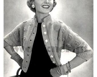 Patrón de tejido para chaqueta cárdigan corta vintage de los años 50 para mujer. Tallas 12-16