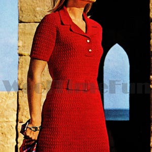 May include: A red crochet dress with a collared neckline, short sleeves, and a belt. The dress is fitted and has a mini length.