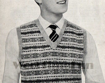 Patrón de tejido vintage para suéter clásico Fair Isle para hombre, chaleco sin mangas, tallas 38-42"
