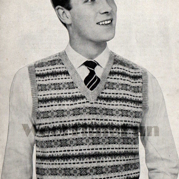 Vintage Knitting Pattern Men's Classic Fair Isle Vest/Tank Top/Slip Over. 38-42"