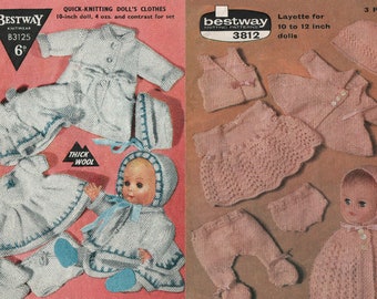 May include: Two knitting patterns for doll clothes. The first pattern is for a 10-inch doll and includes a coat, dress, hat, and booties. The second pattern is for a 10 to 12-inch doll and includes a dress, vest, pants, and booties. Both patterns are made with 3-ply yarn.