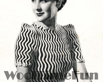 Knitting Pattern Womens Vintage 1940s Rippled Chevron Wave Design Jumper Sweater.