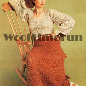 Crochet Pattern Ladies Vintage 1970s Long Sleeve Blouse/Top & Maxi Skirt.