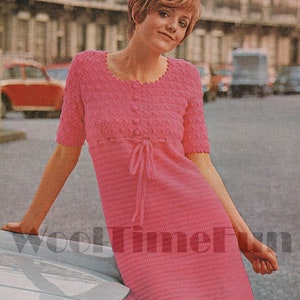 Crochet Pattern Womens Vintage 1960s/70s Short Sleeved Dress. Crepe DK Yarn