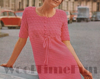 Crochet Pattern Womens Vintage 1960s/70s Short Sleeved Dress. Crepe DK Yarn