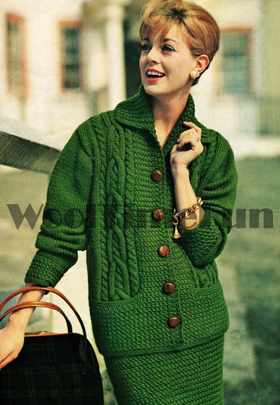 Strickanleitung Damen Vintage Zopfmuster Anzug Mantel Jacke Jacke