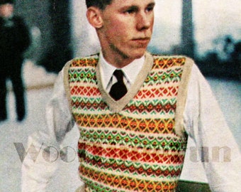 Knitting Pattern Vintage Men's 40s/50s Fair Isle Slip Over/Jumper.36"-42" Chest.