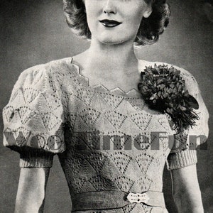 Knitting Pattern Vintage 1930s 40s Fan Design Sweater Short Sleeves