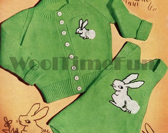 Knitting Pattern To Make Baby Cute Bunny Rabbit Motif Rompers Dungarees & Cardigan