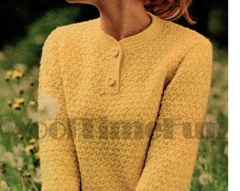 Patrón de tejido para hacer un suéter de cuello abotonado de los años 60 con ribete de crochet