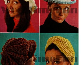 Vintage Crochet Pattern Eight Womens Hats Retro '70s and One to