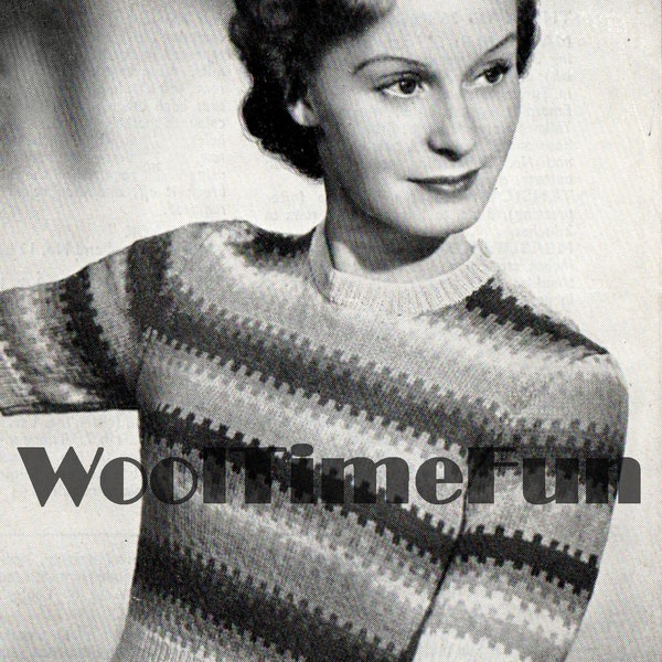 Knitting Pattern Ladies Vintage 1940s Fair Isle Sweater. Use Yarn Oddments