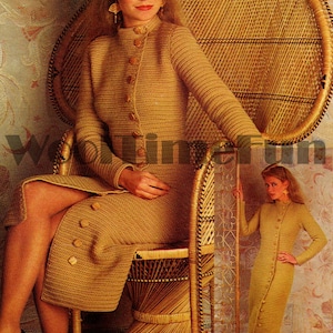 Crochet Pattern Womens Vintage Coat Dress. DK Yarn. 32&quot;-40&quot; Bust