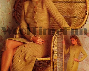 Crochet Pattern Womens Vintage Coat Dress. DK Yarn. 32"-40" Bust