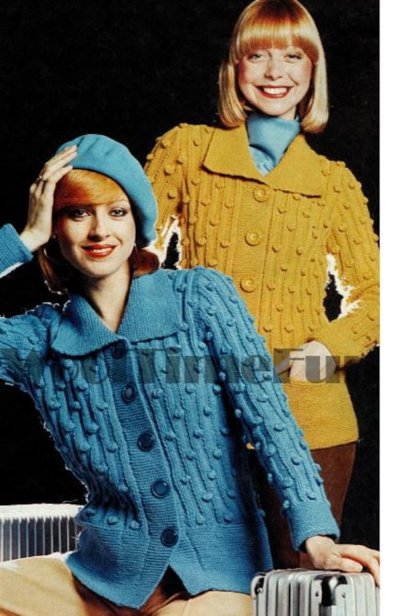 Knitting Pattern Vintage 70s Womens Rib Bobble Stitch Cardigan