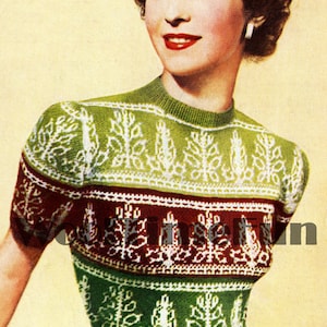May include: A vintage knitting pattern for a green, white and red sweater with a geometric design. The pattern includes instructions for creating a short-sleeved sweater with a crew neck.