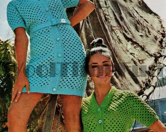 Patrón de crochet para vestido túnica vintage para mujer y cárdigan con cinturón DK Yarn