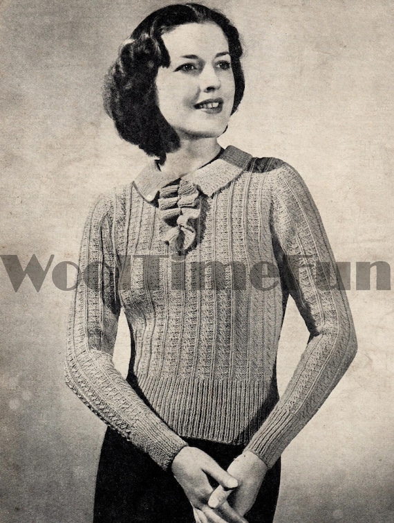 Knitting Pattern Vintage 30s 40s Textured Sweater With Collar 