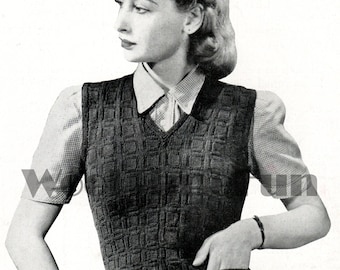 Knitting Pattern Womens Vintage 1940s Sleeveless Sweater Vest, Slipover With Pockets