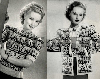 Patrones de tejido vintage de los años 40. Conjunto de suéter y chaqueta con patrón de sauce. Conjunto de dos piezas.