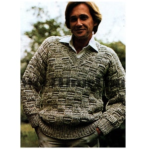Crochet Pattern Men&#39;s Chunky Sweater Jumper Basket Weave Design V-Neck.
