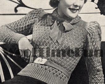 Knitting Pattern To Make Vintage 1930s 1940s Womens Sweater. Belt Collar & Bow.