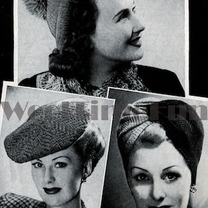 May include: Three black and white photographs of women wearing different knitted hats. The first woman is wearing a slouchy beanie with a pom pom on top. The second woman is wearing a beret. The third woman is wearing a turban style hat.