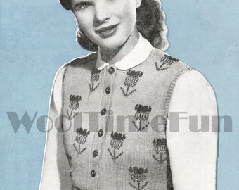 Stickmönster Dam Vintage 1940-tals Blom-/Tistelmotiv Väst Ärmlös Pullover