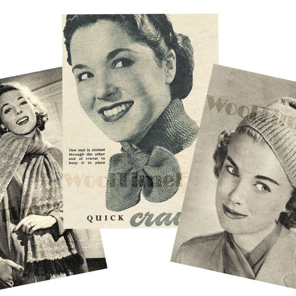 PDF 3 x Knitting Patterns Lady's 1940s Bobble Hat, Cravat/Neck Tie & Diamond Design Scarf.