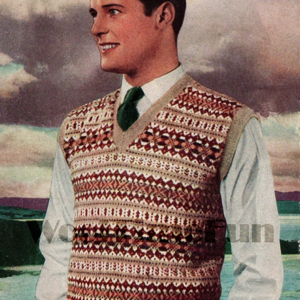 Vintage Knitting Pattern Mens Sleeveless Pullover/Tank Top. 39 to 41 Inch Chest.