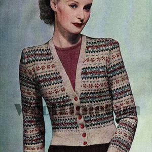 May include: A beige cardigan with a colorful geometric pattern, featuring red buttons. The cardigan has a V-neck and long sleeves.