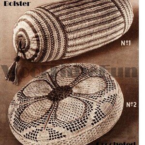 May include: Two crocheted home decor items. A brown and white knitted bolster pillow labeled "Knitted Bolster" and a brown and white crocheted cushion labeled "Crocheted Cushion".