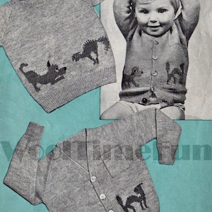 Knitting Pattern 1940s Child&#39;s Jumper and Cardigan. Cute Cat & Dog Design.