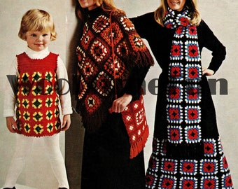 Crochet Pattern Granny Square Women's Skirt/Scarf/Bag/Poncho. Girl's Tunic Dress