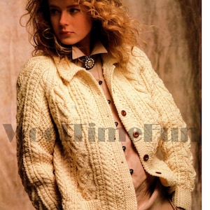 Knitting Pattern Classic Aran Cable Cardigan Jacket. Collar Pockets.