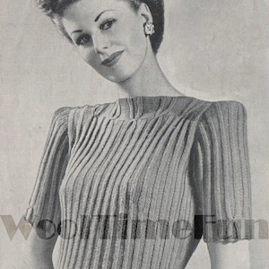 Vintage Knitting Pattern Lady&#39;s 1940s Ribbed Design Jumper Long or Short Sleeved