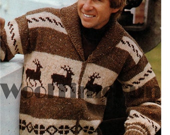 Knitting Pattern Men's Women's Nordic Reindeer Cardigan Jacket