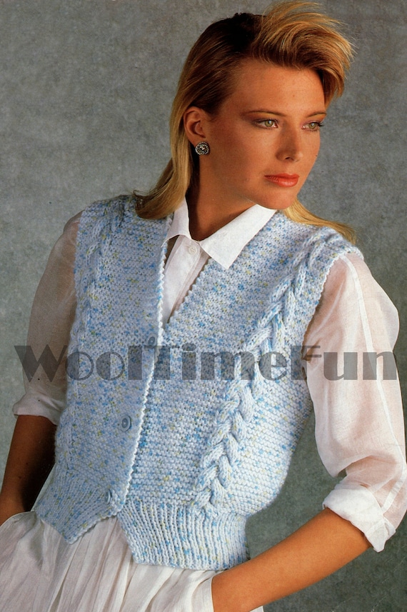 Strickanleitung Damen Zopfmuster Weste Gilet Pullunder Chunky Yarn