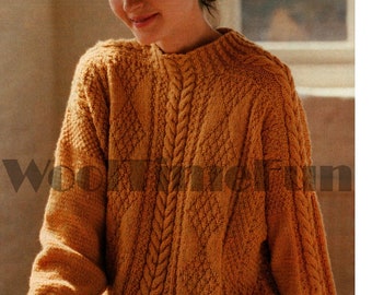 Patrón de tejido para mujer, jersey con diseño de rombos y cable Aran, hilo DK